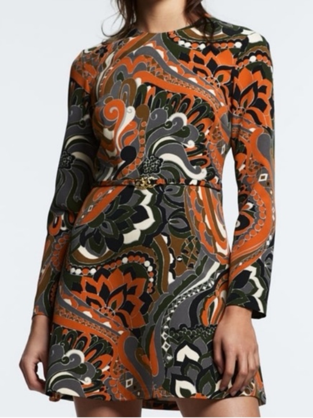 Zara Orange Multi-Print Long Sleeve A-Line Dress Medium
